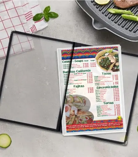 Menú de mesa personalizado: opción de cubierta transparente, diseño personalizado, tablero de menú de 8,5"x11"